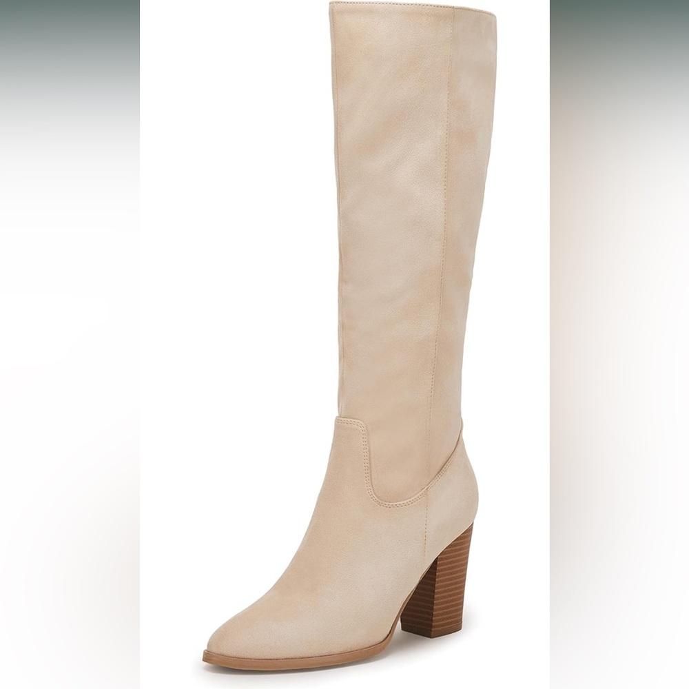 Womens Faux Suede Knee High Boots Side Zipper Chunky Heel Stretch Boots